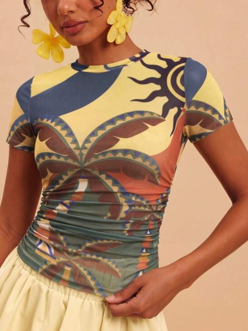 Multicolor Short Sleeve Printed Mesh Top